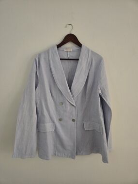 Italian Linen Light Blue Double-Breasted Shawl Collar Jacket - Women